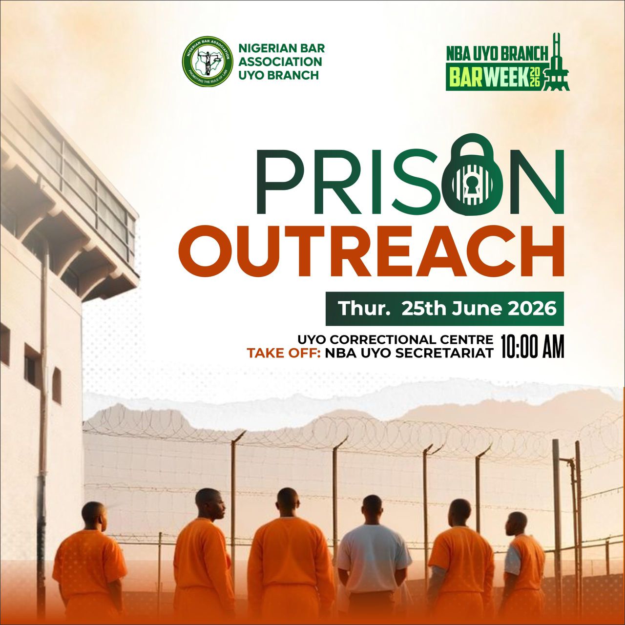Members of the NBA Uyo Branch gather for the Prison Outreach Programme at the Uyo Correctional Centre